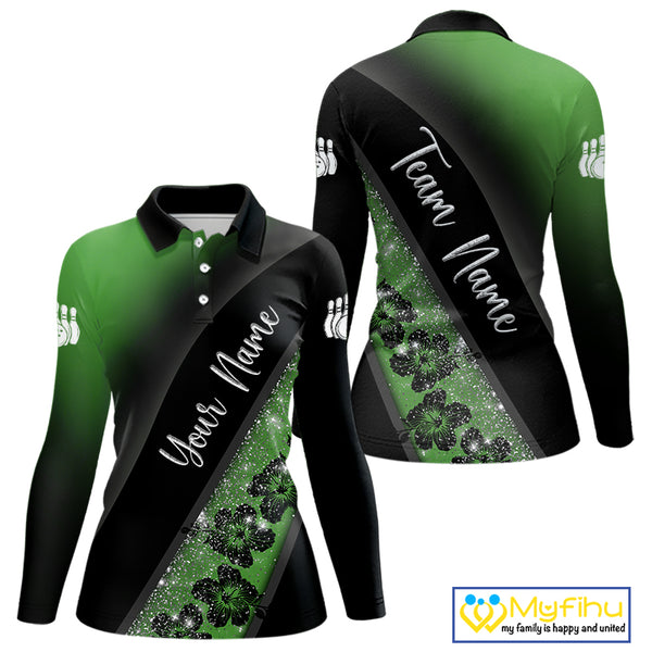 Black and Green Glitter Flower Bowling Polo, Quarter Zip Shirt for Women Custom Bowling Team Jerseys NQS10384