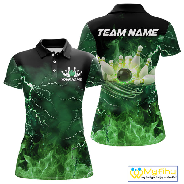 Women bowling shirts Custom green lightning thunder flame Bowling Team Jersey, gift for team Bowlers NQS10388