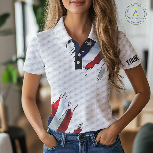 Red, white and blue American Flag Womens golf polo shirts custom patriotic ladies golf tops NQS9318
