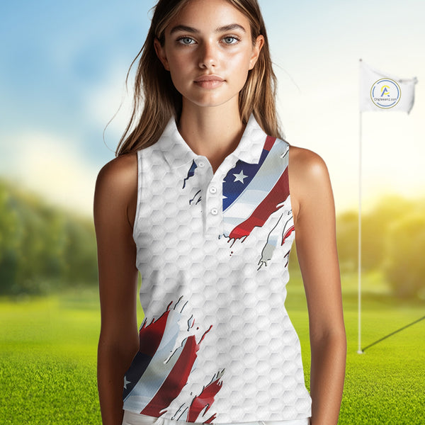 Red, white and blue American Flag Womens sleeveless polo shirt custom patriotic ladies golf tops NQS9318