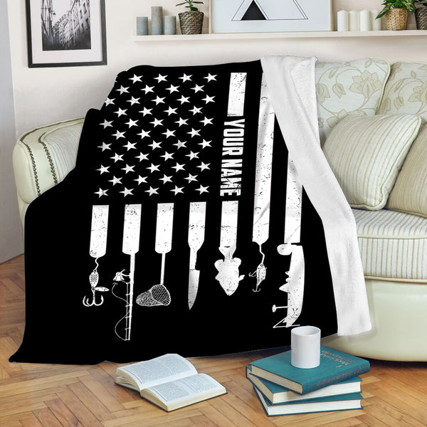 Personalized black American flag fishing icons Fishing Fleece Blanket, Gifts For Fisherman NQS7006