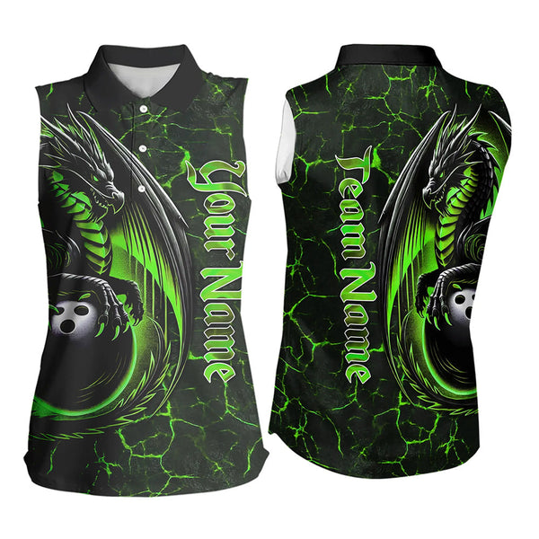 Black And Green Custom Dragon Bowling Sleeveless Polo Shirts For Women, Dragon Bowling Team Shirts NQS9477