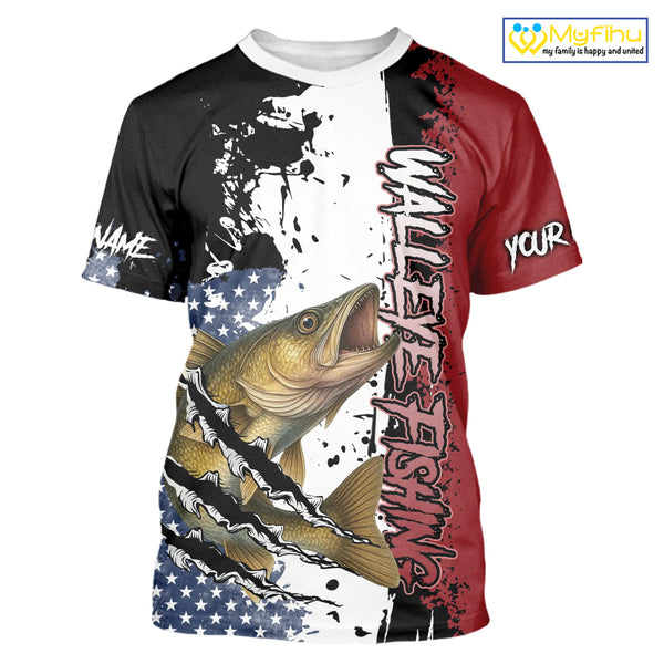 Red, white and blue Walleye fishing American Flag Custom patriotic Walleye fishing jerseys NQS9859
