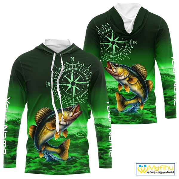 Personalized Walleye Green Performance Fishing Shirts, compass Walleye fishing tournament Shirts NQS10236