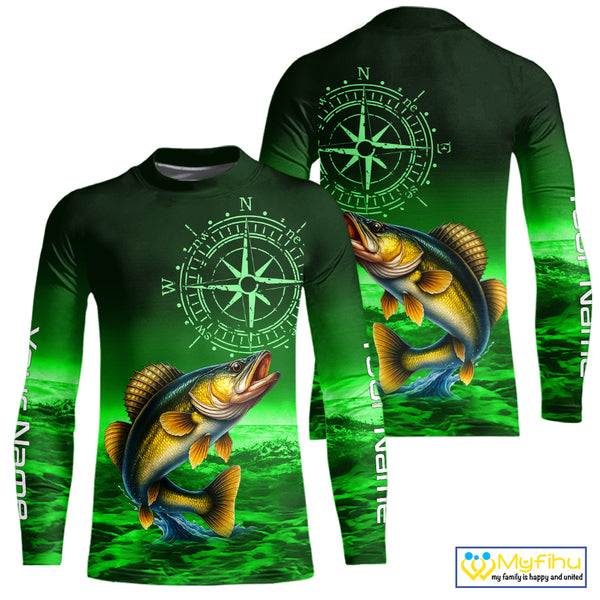 Personalized Walleye Green Performance Fishing Shirts, compass Walleye fishing tournament Shirts NQS10236