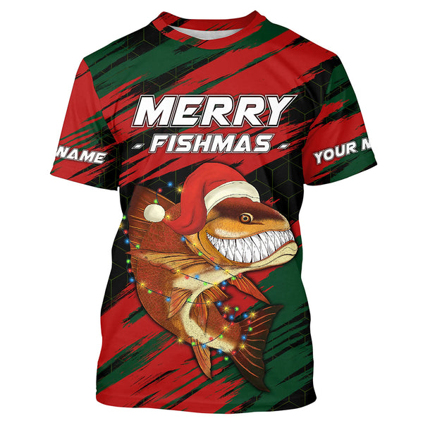 Personalized funny Christmas Redfish Fishing Shirts, Mery fishmas Fishing gift for men, women, kid NQS6817