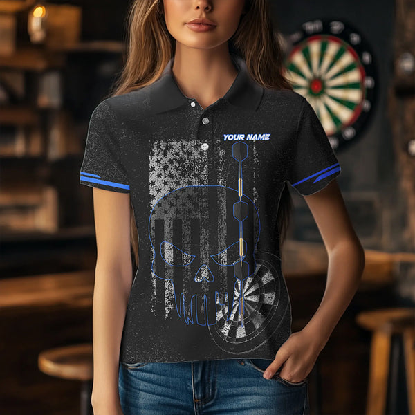 Black & White grunge American Flag Skull Women Darts Shirts Custom patriotic Team Darts Jersey | Blue NQS9343