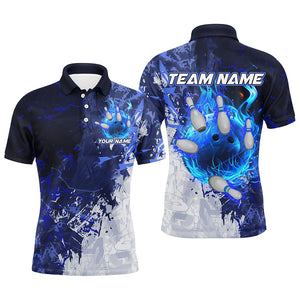 Blue Camo Flame Bowling Polo, Quarter Zip Shirts For Men Custom Bowling Team Jersey Outfits NQS8669