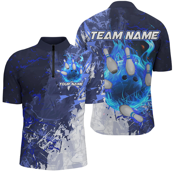 Blue Camo Flame Bowling Polo, Quarter Zip Shirts For Men Custom Bowling Team Jersey Outfits NQS8669