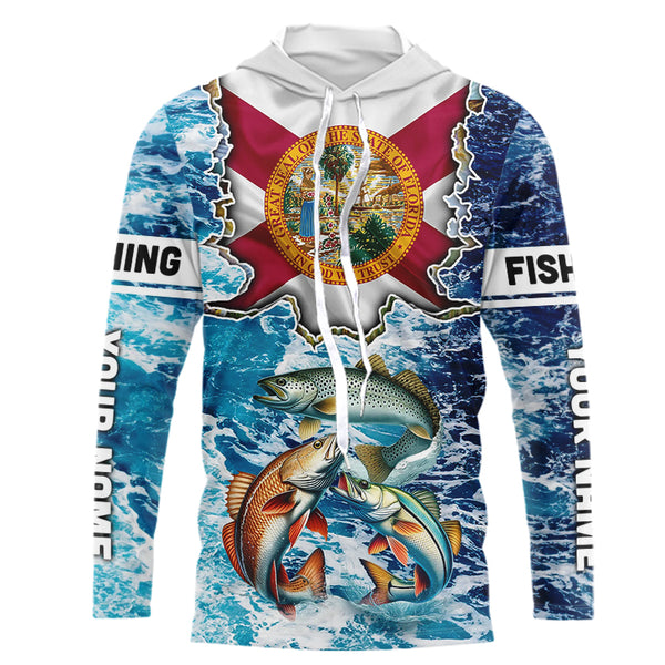 Florida Flag Redfish, trout, snook blue wave camo custom name performance long sleeve fishing shirts NQS9488