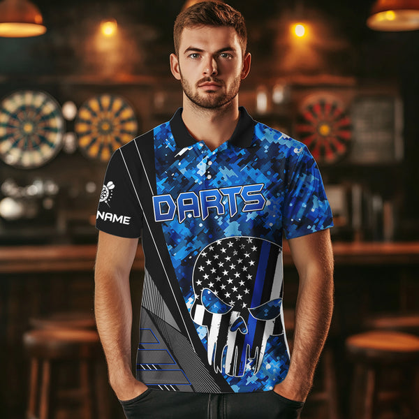 Black and White American Flag Skull Darts Blue Camo Darts Shirts For Men Custom Team Darts Jersey NQS9653