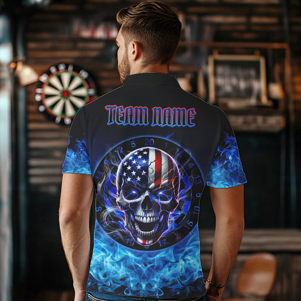 Blue Flame Smoke American Flag Eagle Skull Darts Polo, 1/4 Zip Shirts For Men Custom Darts Team Jersey NQS9658
