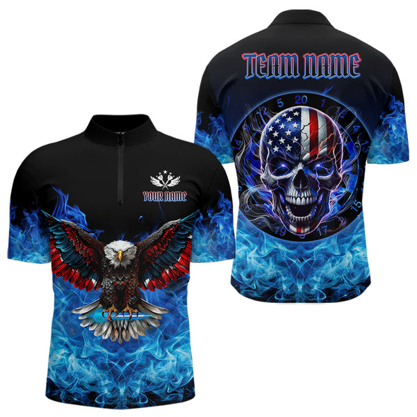 Blue Flame Smoke American Flag Eagle Skull Darts Polo, 1/4 Zip Shirts For Men Custom Darts Team Jersey NQS9658