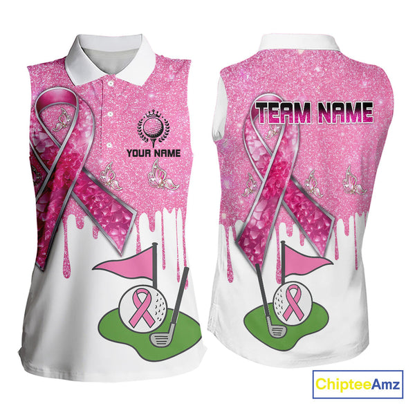 Pink ribbon glitter Women Golf sleeveless Polo Shirt Custom team golf jersey, breast cancer golf shirt NQS9882