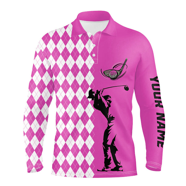 Personalized white argyle plaid pattern Mens golf polo shirts, custom Pink golf tops for mens NQS7790