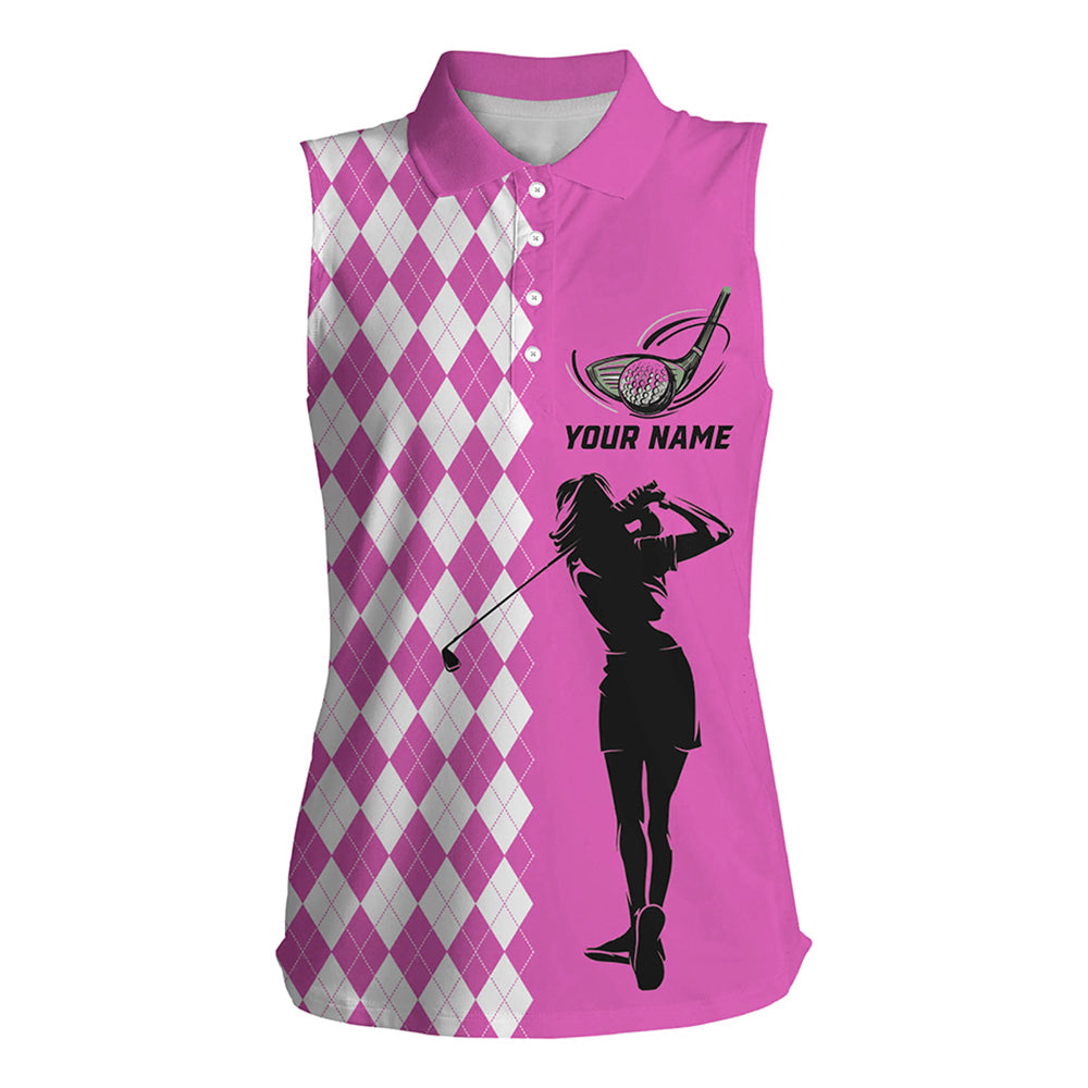 Personalized white argyle plaid pattern Women sleeveless golf polo shirts, Pink golf tops for ladies NQS7790