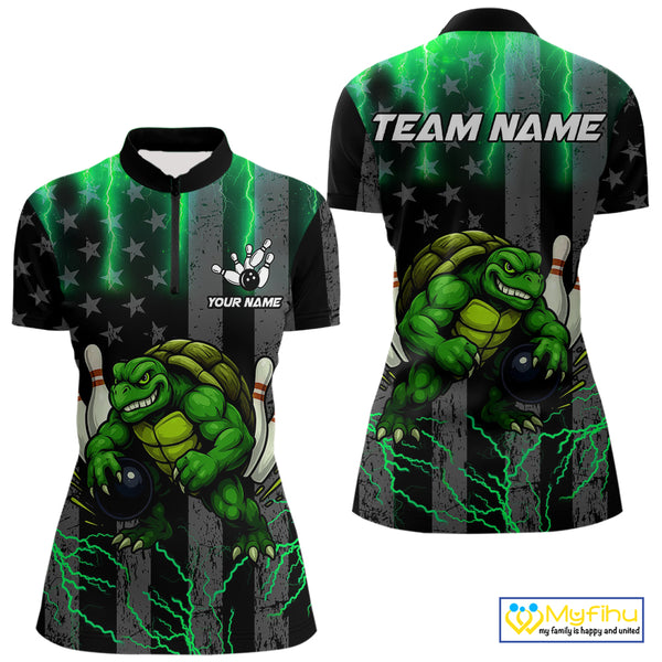 Black American flag Women's bowling shirts Custom Green lightning thunder Turtle Bowling Team Jerseys NQS10623
