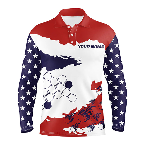 Red, white and blue American Flag custom Men golf polo shirts, patriotic golf outfit for men NQS8680