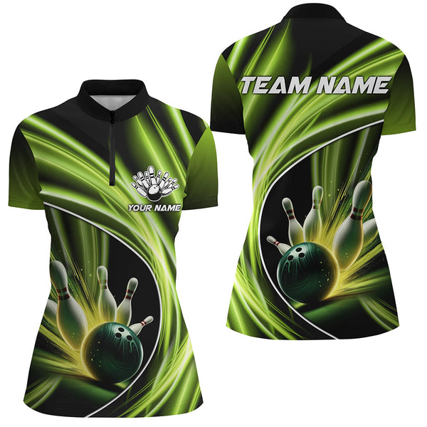 Green Light Bowling Jerseys For Women Custom Ladies Bowling Polo, Quarter-Zip Shirt for Team Bowlers NQS7603