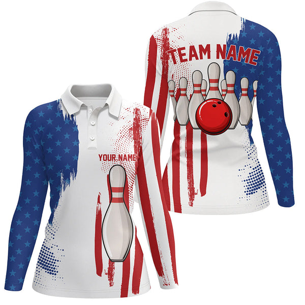 Red white & blue American flag Women bowling Polo, Quarter Zip shirt Custom Bowling Team League Jersey NQS7624