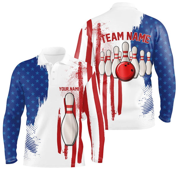 Red white and blue American flag Men bowling Polo, Quarter Zip shirt Custom Bowling Team League Jersey NQS7624