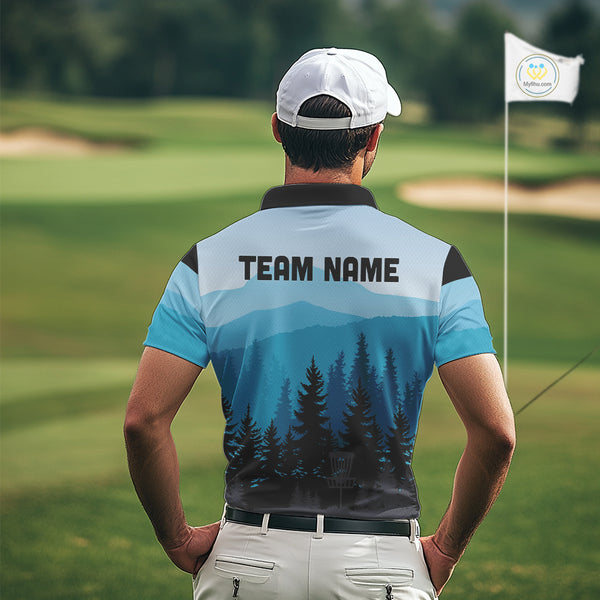 Blue pattern forest Mens Disc golf polo shirts Custom team disc golf jerseys for men NQS9943