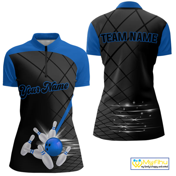 Black & blue bowling league jersey custom Women Bowling Polo, 1/4 zip Shirt, gifts for ladies bowler NQS10095