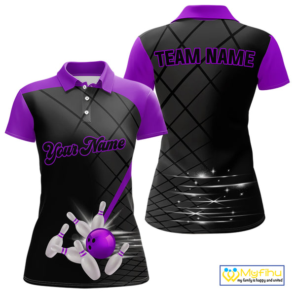 Black & Purple bowling league jersey custom Women Bowling Polo, 1/4 zip Shirt, gift for ladies bowler NQS10097