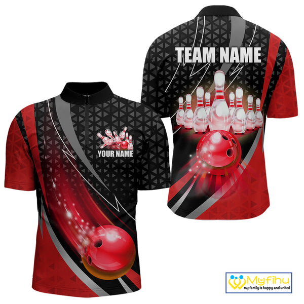 Black and Red Bowling Camo Polo, 1/4 Zip Shirt for Men Custom Team Bowling jerseys, Bowler Outfit NQS10424