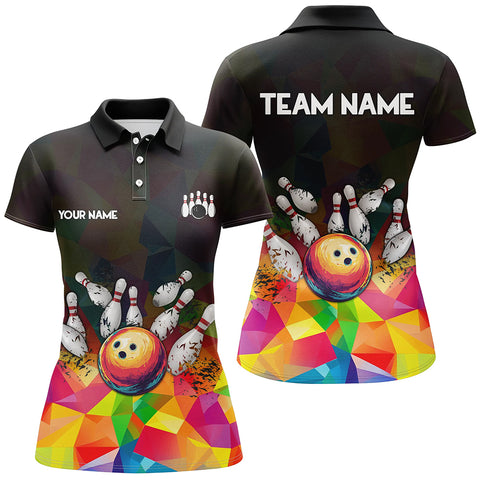 Colorful pattern and black Custom Bowling Polo, Quarter Zip Shirts For Women, Bowling Team Jerseys NQS9151