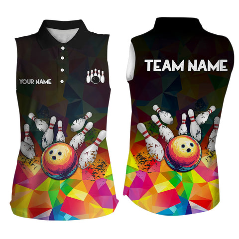 Colorful pattern and black Custom Bowling Sleeveless Polo Shirt, Bowling Team Jerseys NQS9151