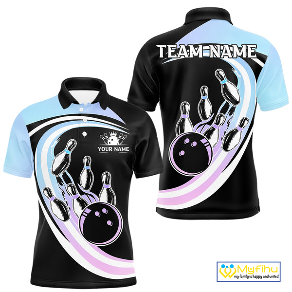 Blue Purple Gradient Bowling Shirts For Men Custom Bowling Team League Jersey, Gift For Bowler NQS10432