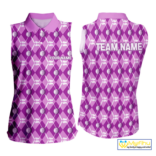 Women sleeveless polo shirt custom light purple argyle plaid pattern golf attire for ladies NQS10437