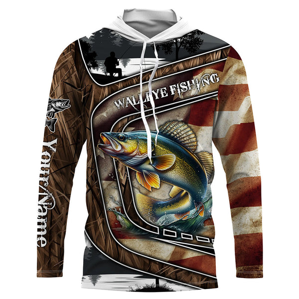 Walleye Fishing camo American flag patriotic Customize name long sleeves fishing shirts NQS1433