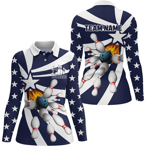 Blue and white Women polo, quarter zip bowling shirt Custom flame bowling star team league jerseys NQS7820