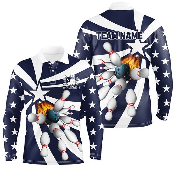 Blue and white Mens polo, quarter zip bowling shirt Custom flame bowling star team league jerseys NQS7820