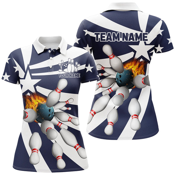 Blue and white Women polo, quarter zip bowling shirt Custom flame bowling star team league jerseys NQS7820