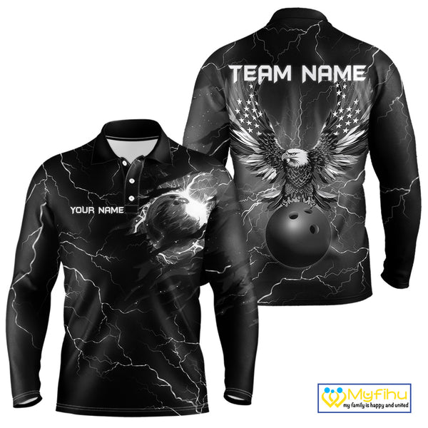Black lightning thunder bowling American flag Eagle custom Mens Bowling Polo, Quarter Zip Shirts NQS10112