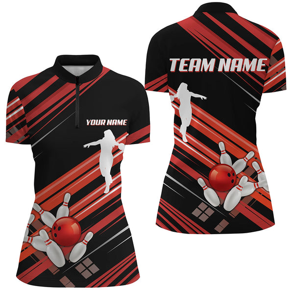 Red and Black Bowling Shirts for Women Custom Team Bowling Jerseys, Bowling Polo, Quarter Zip Shirts NQS9169