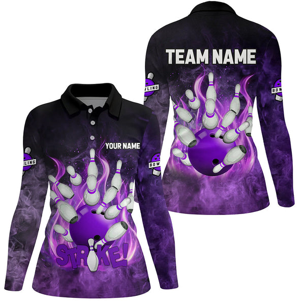 Purple Flame Strike Bowling Shirts For Women Custom Bowling Team League Jerseys, womens bowling shirts NQS8476