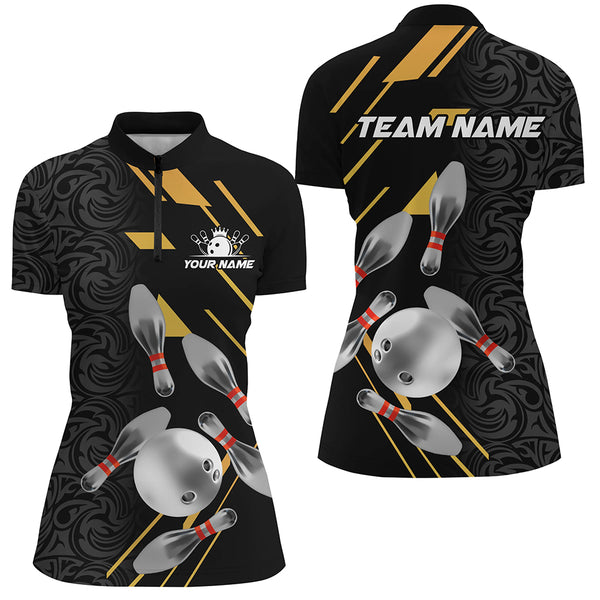 Silver Bowling Ball pins Team bowling shirts for women custom bowling Polo, Quarter zip jersey | Black NQS8732