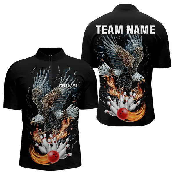 Black Mens Bowling Polo, 1/4 Zip Shirt Custom Flame Eagle Lightning bowling outfit gifts for bowlers NQS9707