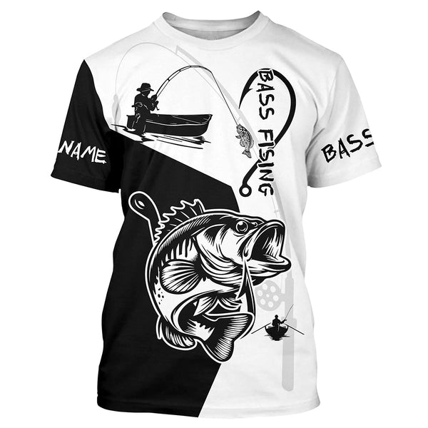 Black and White Bass Fishing Custom Name 3D All Over Printed Shirts, Personalized Fishing gifts NQS355