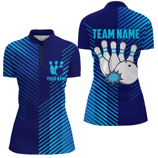 Blue stripes pattern bowling ball pins custom Women's bowling Polo, Quarter Zip shirts team jerseys NQS7843