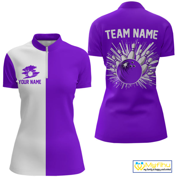 Purple and white Retro Bowling shirts For Women Custom team bowling jerseys gift for Bowlers NQS10145