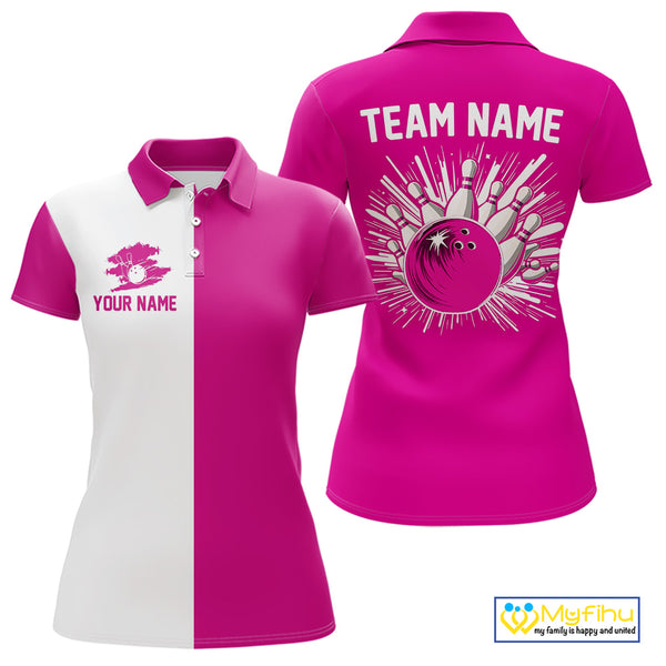 Pink and white Retro Bowling shirts For Women Custom team bowling jerseys gift for Bowlers NQS10147