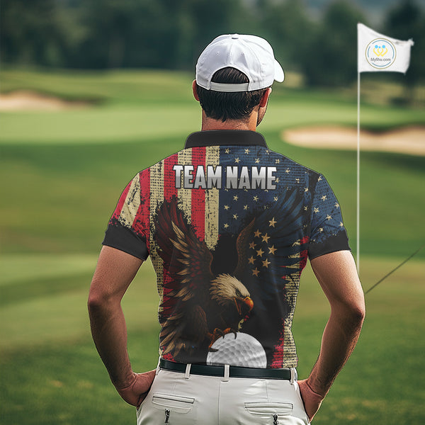 Vintage American Flag Eagle Mens Golf Polo Shirt Custom Patriotic Retro Team golf attire for men NQS10476