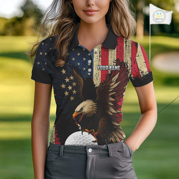 Vintage American Flag Eagle Women Golf Polo Shirt Custom Patriotic Retro Team golf attire for ladies NQS10476