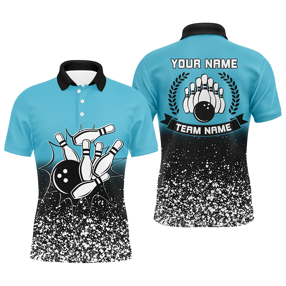 Mens polo bowling shirt Custom retro bowling ball pins strike team league jerseys | Blue NQS6407