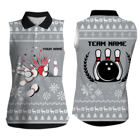 Grey Ugly Christmas pattern Bowling Sleeveless Polo shirts Custom Xmas Team Bowling Jersey NQS8973